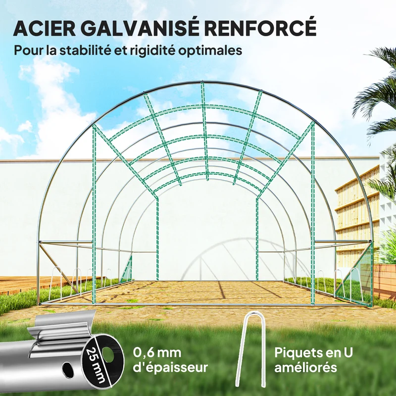 Serre tunnel de jardin 298 x 398 x 198 cm porte enroulable aération naturelle finition mate moderne épuré en pe vert 21_0005520
