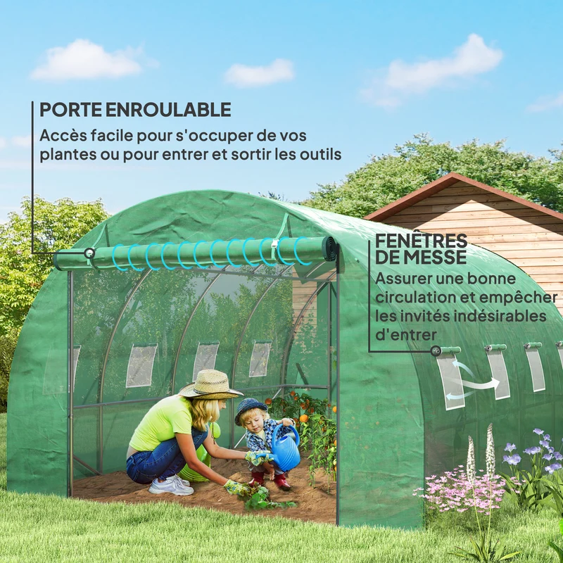 Serre tunnel de jardin 298 x 398 x 198 cm porte enroulable aération naturelle finition mate moderne épuré en pe vert 21_0005520