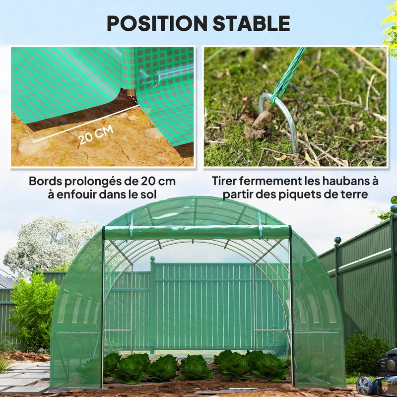 Serre tunnel de jardin 298 x 398 x 198 cm porte enroulable aération naturelle finition mate moderne épuré en pe vert 21_0005520