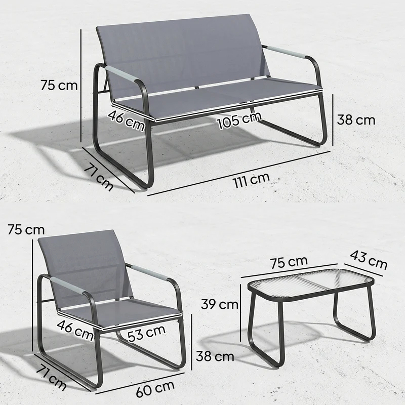 Salon de jardin 4 pièces extérieur 111 x 71 x 75 cm assise respirante séchage rapide moderne scandinave en acier gris 21_0005363