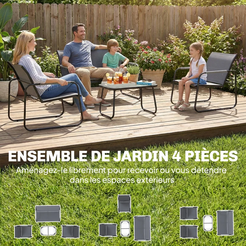Salon de jardin 4 pièces extérieur 111 x 71 x 75 cm assise respirante séchage rapide moderne scandinave en acier gris 21_0005363