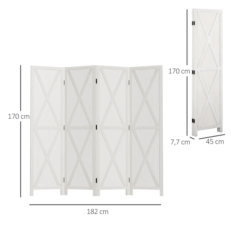 Paravent intérieur quatre panneaux 182 x 170 x 1.8 cm autoportant pliable rustique contemporain en bois paulownia blanc 21_0001231