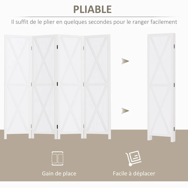 Paravent intérieur quatre panneaux 182 x 170 x 1.8 cm autoportant pliable rustique contemporain en bois paulownia blanc 21_0001231