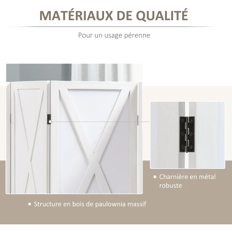 Paravent intérieur quatre panneaux 182 x 170 x 1.8 cm autoportant pliable rustique contemporain en bois paulownia blanc 21_0001231