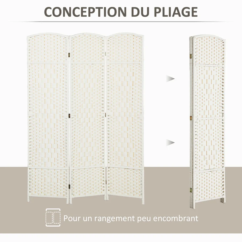 Paravent intérieur 3 panneaux cloison pliable séparation pièce 135 x 1,7 x 180 cm gain d'intimité scandinave en PP blanc 21_0001334
