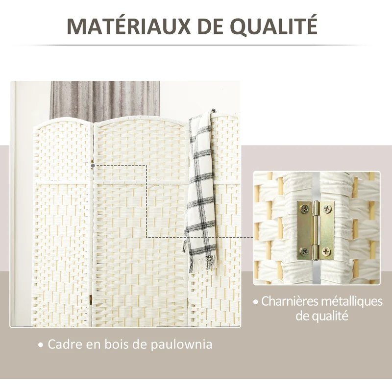 Paravent intérieur 3 panneaux cloison pliable séparation pièce 135 x 1,7 x 180 cm gain d'intimité scandinave en PP blanc 21_0001334
