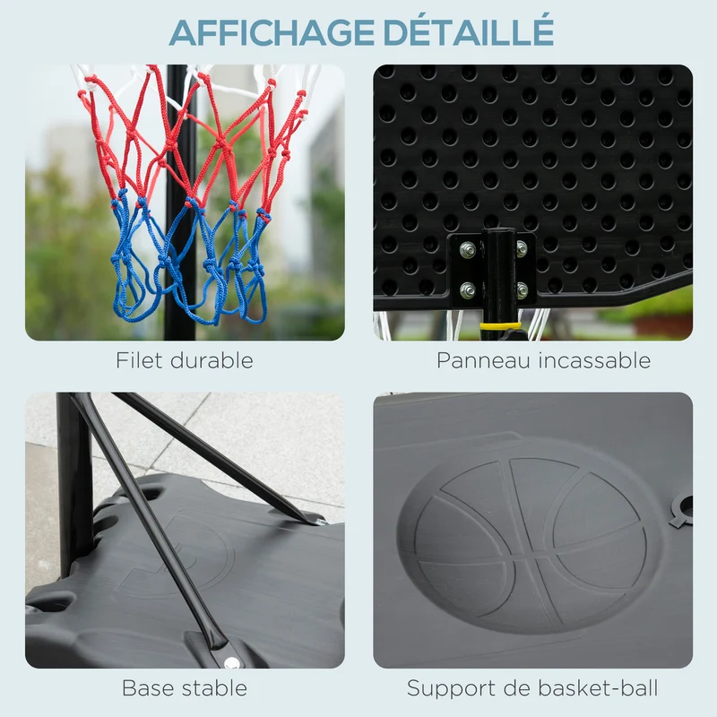 Panier de basket sur pied extérieur 76 x 48 x 197,5-254 cm base à remplir pour stabilité roulettes moderne en métal noir 21_0006608