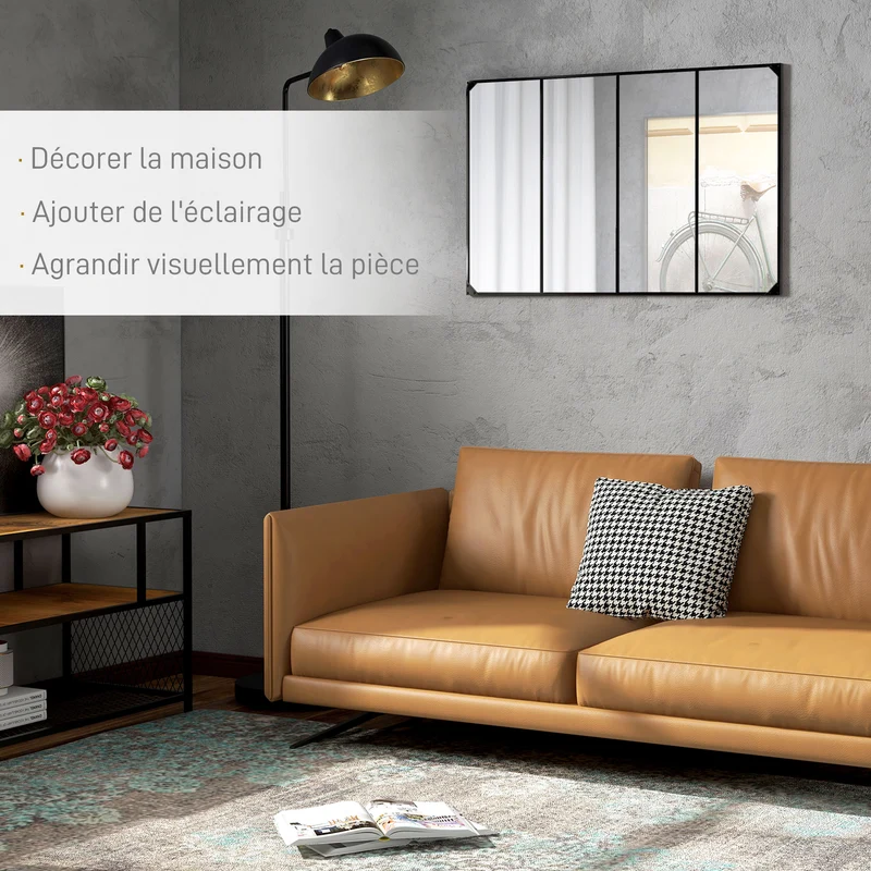 Miroir mural verrière rectangulaire 109 x 2 x 69 cm agrandit et illumine avec 4 crochets style industriel en métal noir 21_0001362
