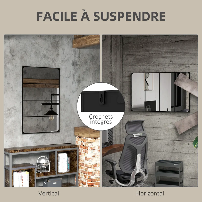 Miroir mural verrière rectangulaire 109 x 2 x 69 cm agrandit et illumine avec 4 crochets style industriel en métal noir 21_0001362