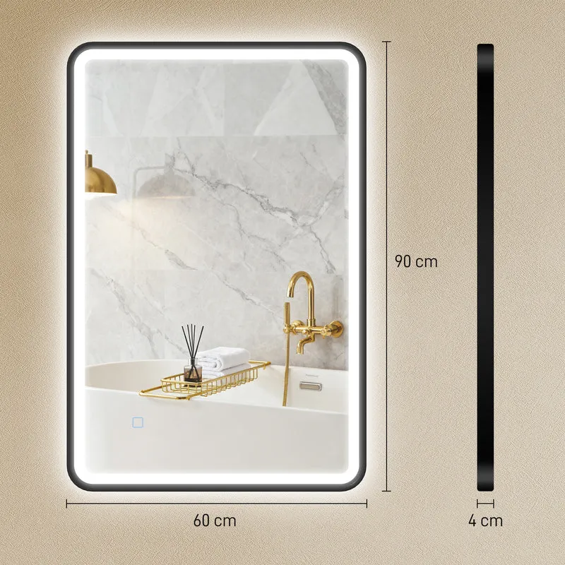 Miroir de salle de bain mural 90 x 60 x 4 cm éclairage réglable et anti-buée moderne épuré à led en verre trempé noir 21_0002116