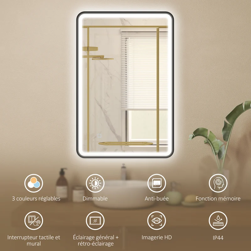 Miroir de salle de bain mural 90 x 60 x 4 cm éclairage réglable et anti-buée moderne épuré à led en verre trempé noir 21_0002116