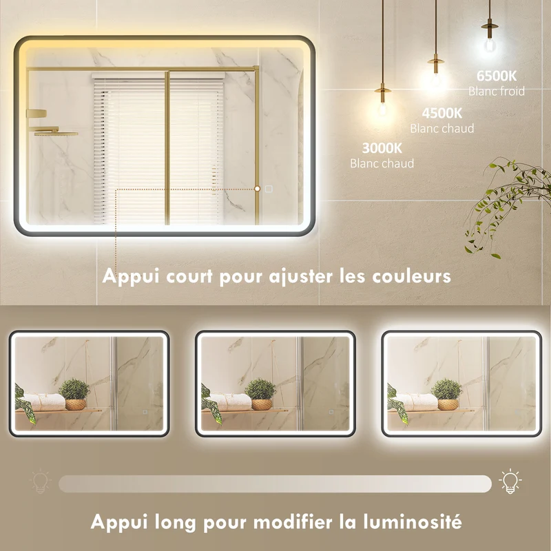 Miroir de salle de bain mural 90 x 60 x 4 cm éclairage réglable et anti-buée moderne épuré à led en verre trempé noir 21_0002116