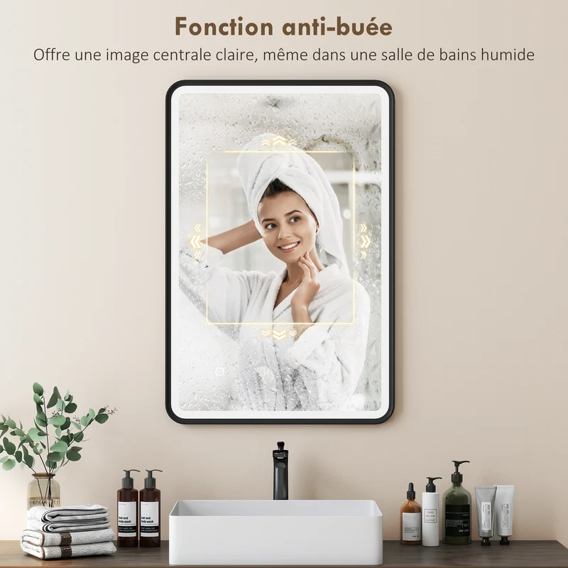 Miroir de salle de bain mural 90 x 60 x 4 cm éclairage réglable et anti-buée moderne épuré à led en verre trempé noir 21_0002116
