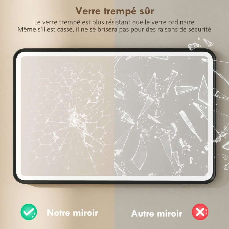 Miroir de salle de bain mural 90 x 60 x 4 cm éclairage réglable et anti-buée moderne épuré à led en verre trempé noir 21_0002116