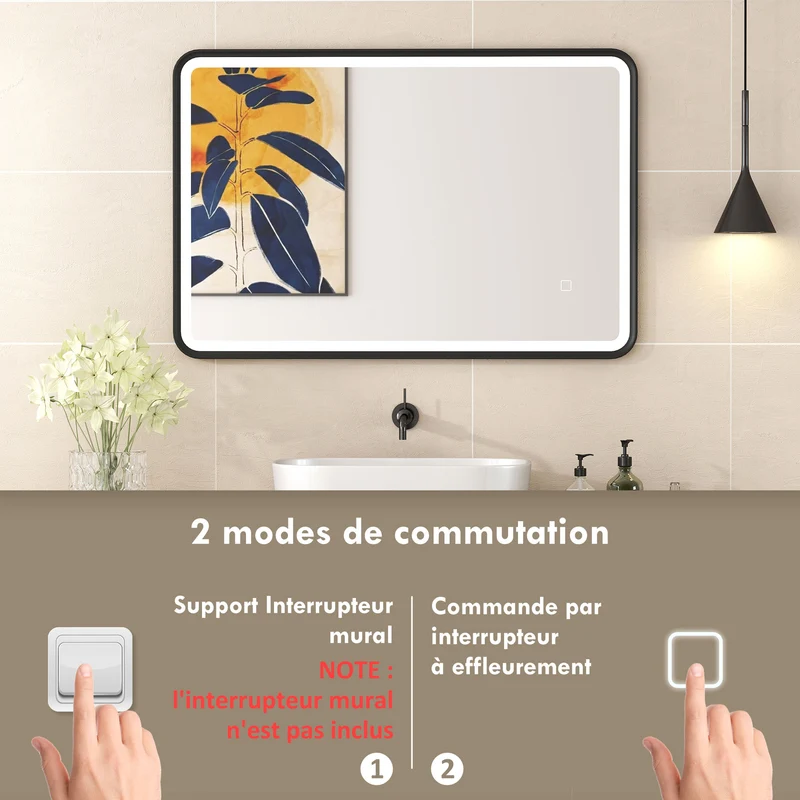 Miroir de salle de bain mural 90 x 60 x 4 cm éclairage réglable et anti-buée moderne épuré à led en verre trempé noir 21_0002116