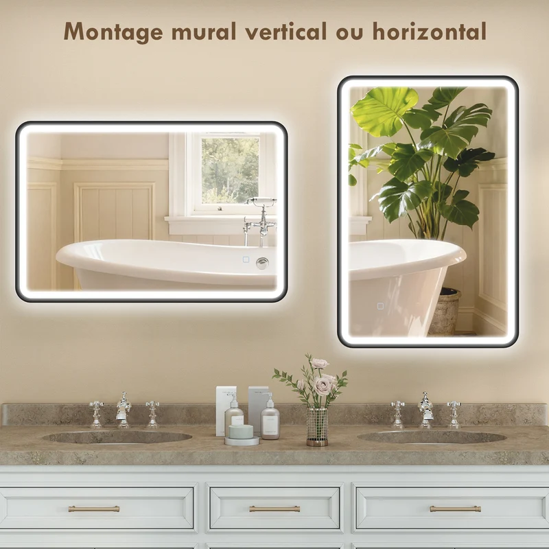 Miroir de salle de bain mural 90 x 60 x 4 cm éclairage réglable et anti-buée moderne épuré à led en verre trempé noir 21_0002116