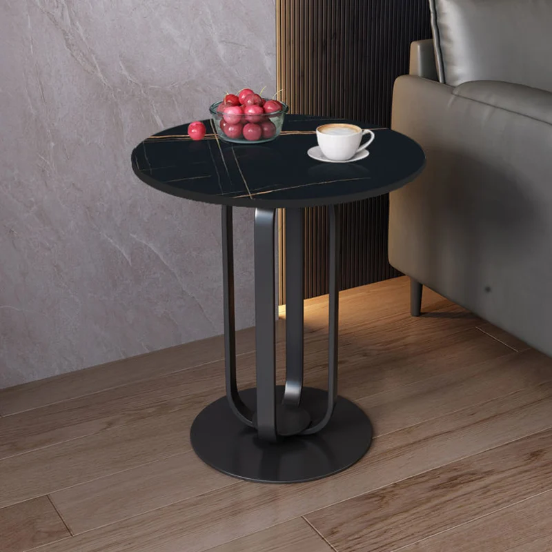 Contemporary Scandinavian Sintered Stone Iron Round End Table 1-Tier For Living Room