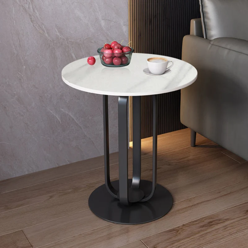 Contemporary Scandinavian Sintered Stone Iron Round End Table 1-Tier For Living Room