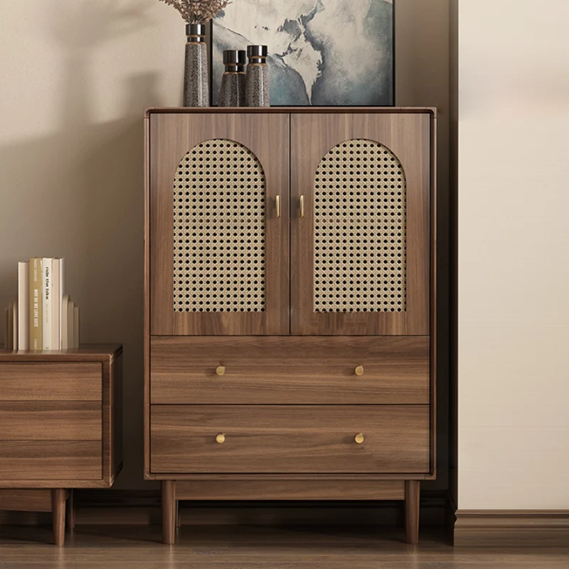 Traditional Chinese Particle Board Rubber Wood Rattan Glass Rectangular Cylindrical Storage Cabinet 2/4-Drawer For Living Room