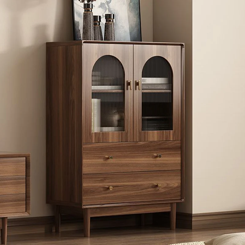Traditional Chinese Particle Board Rubber Wood Rattan Glass Rectangular Cylindrical Storage Cabinet 2/4-Drawer For Living Room