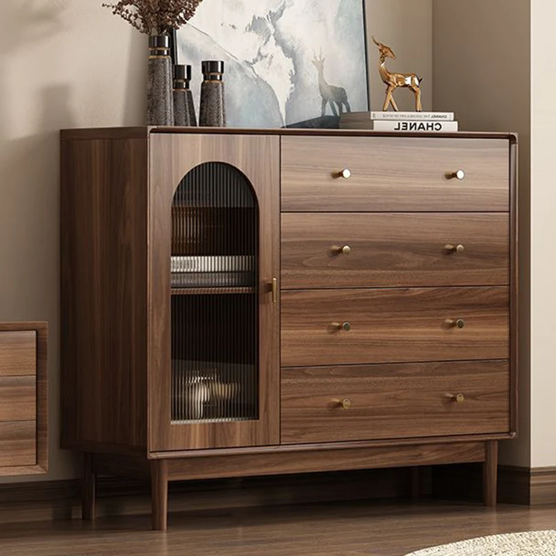 Traditional Chinese Particle Board Rubber Wood Rattan Glass Rectangular Cylindrical Storage Cabinet 2/4-Drawer For Living Room