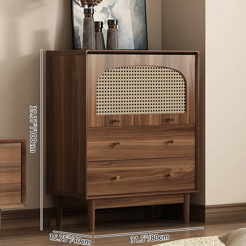 Traditional Chinese Particle Board Rubber Wood Rattan Glass Rectangular Cylindrical Storage Cabinet 2/4-Drawer For Living Room