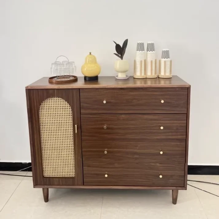 Traditional Chinese Particle Board Rubber Wood Rattan Glass Rectangular Cylindrical Storage Cabinet 2/4-Drawer For Living Room
