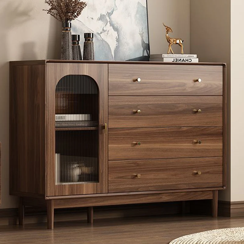 Traditional Chinese Particle Board Rubber Wood Rattan Glass Rectangular Cylindrical Storage Cabinet 2/4-Drawer For Living Room