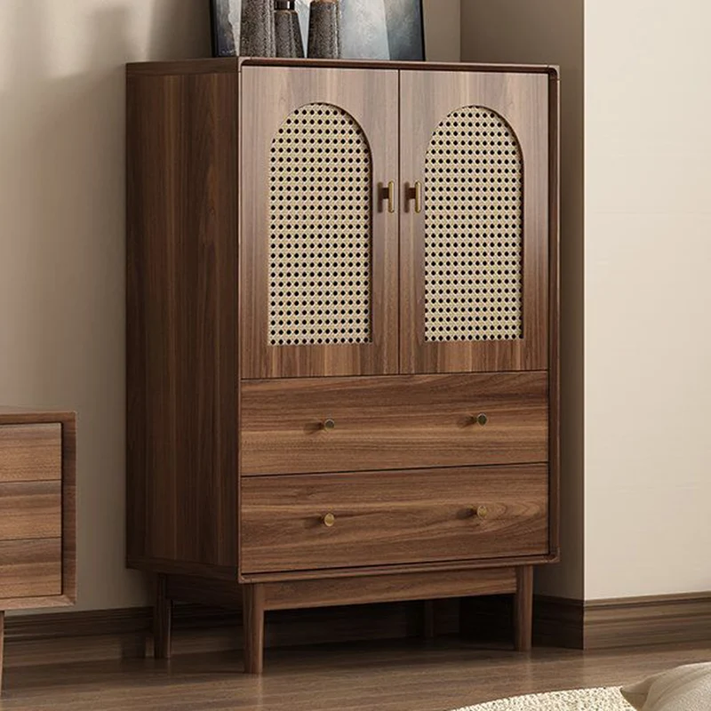 Traditional Chinese Particle Board Rubber Wood Rattan Glass Rectangular Cylindrical Storage Cabinet 2/4-Drawer For Living Room
