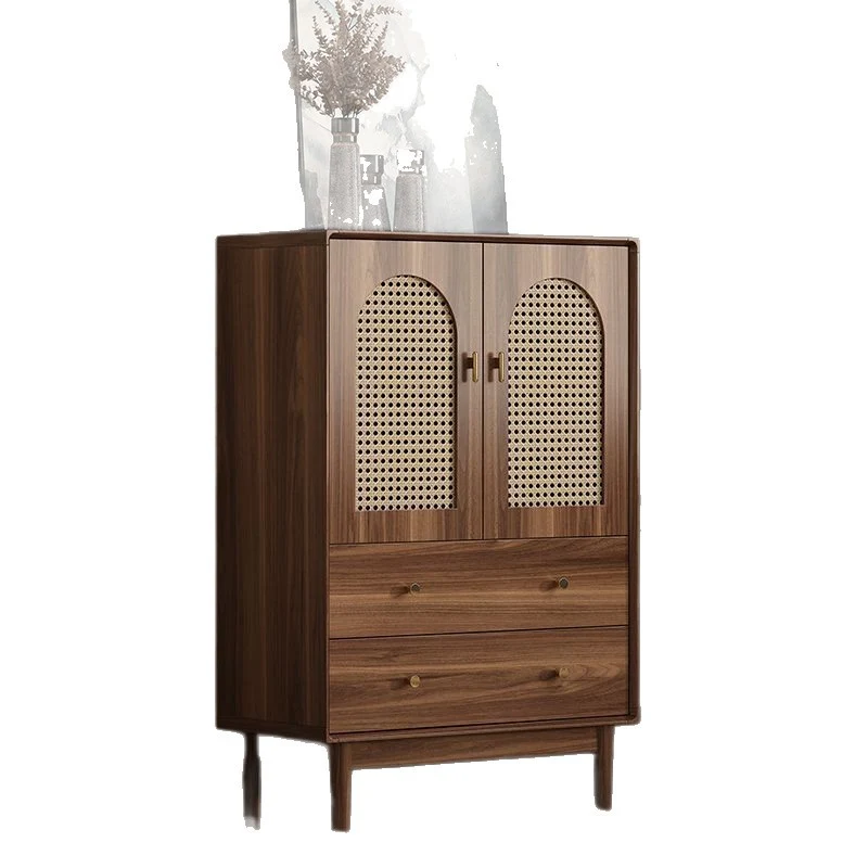 Traditional Chinese Particle Board Rubber Wood Rattan Glass Rectangular Cylindrical Storage Cabinet 2/4-Drawer For Living Room