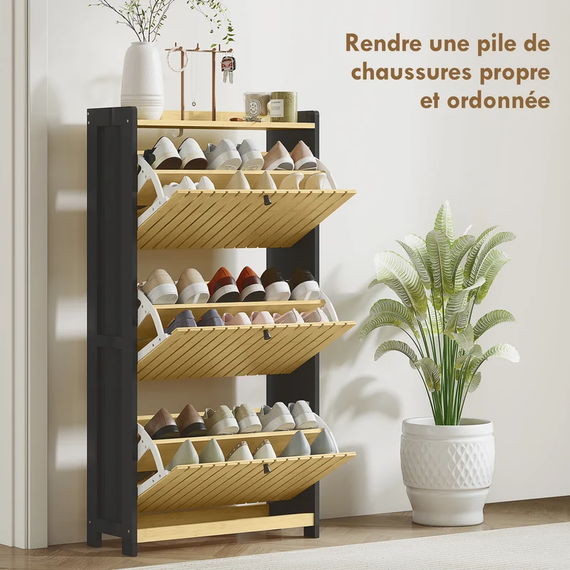 Meuble à chaussures pour entrée 60 x 24 x 118 cm gain de place 18 paires séparateurs réglables moderne épuré en MDF noir 21_0002755