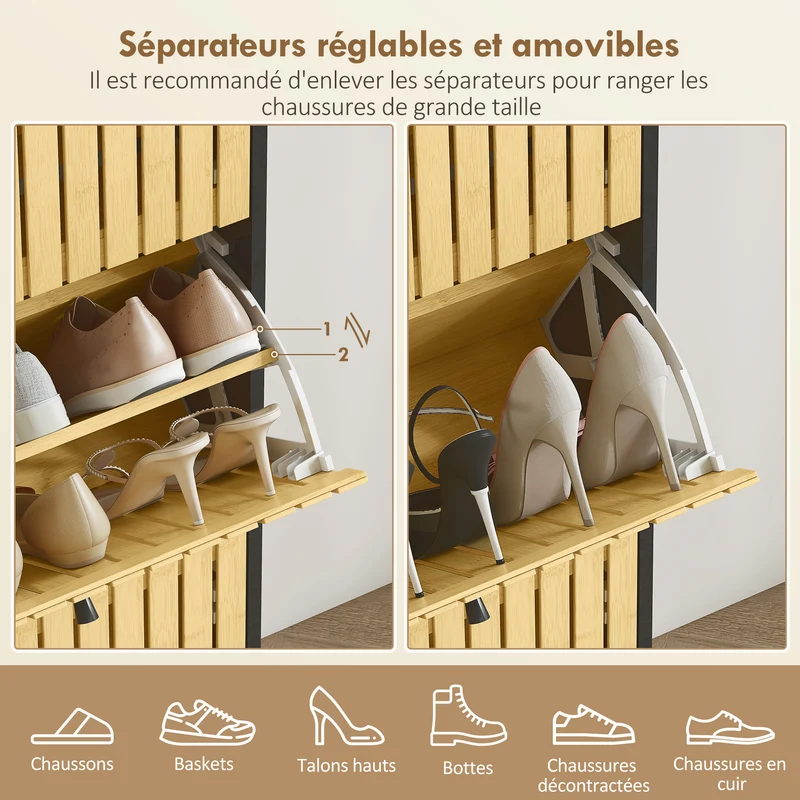 Meuble à chaussures pour entrée 60 x 24 x 118 cm gain de place 18 paires séparateurs réglables moderne épuré en MDF noir 21_0002755