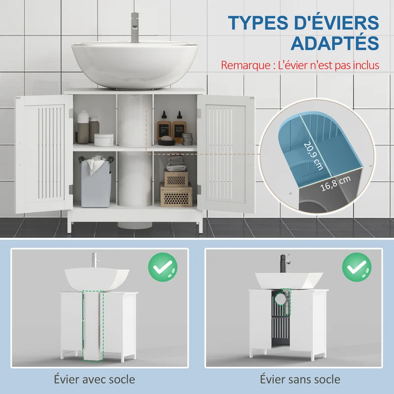 Meuble sous lavabo compact 60 x 30 x 60 cm rangement pratique étagère réglable style contemporain épuré en MDF blanc 21_0001897
