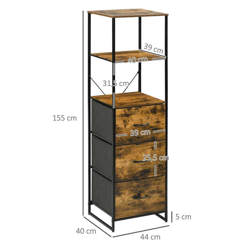 Meuble de rangement étroit salon 44 x 40 x 155 cm trois étagères 3 tiroirs tissu gain de place industriel en MDF marron 21_0002887