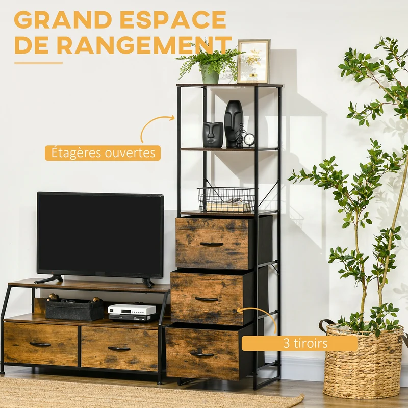 Meuble de rangement étroit salon 44 x 40 x 155 cm trois étagères 3 tiroirs tissu gain de place industriel en MDF marron 21_0002887