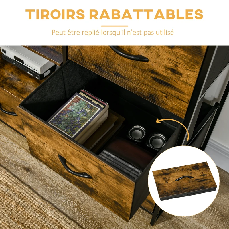 Meuble de rangement étroit salon 44 x 40 x 155 cm trois étagères 3 tiroirs tissu gain de place industriel en MDF marron 21_0002887