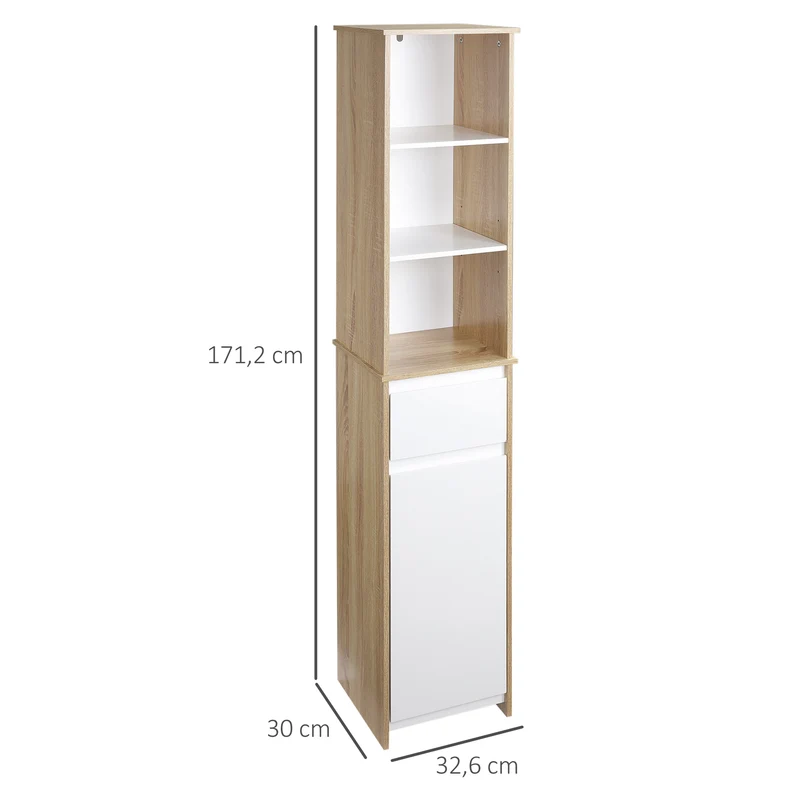Meuble colonne salle de bain 32.6 x 30 x 171.2 cm rangement 3 niches tiroir placard style cosy scandinave en MDF blanc 21_0001892