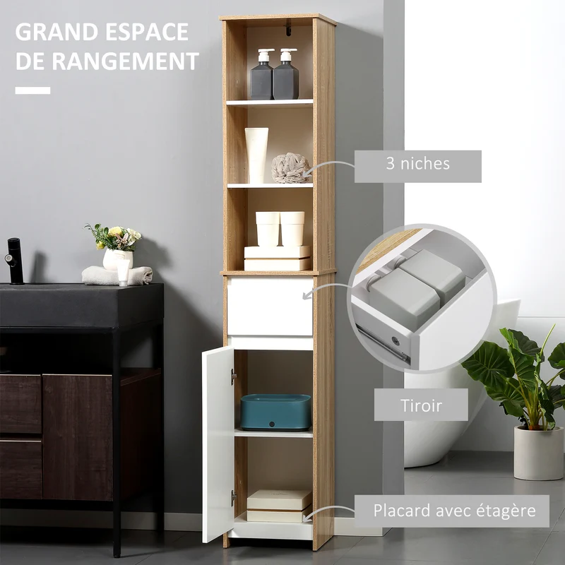 Meuble colonne salle de bain 32.6 x 30 x 171.2 cm rangement 3 niches tiroir placard style cosy scandinave en MDF blanc 21_0001892