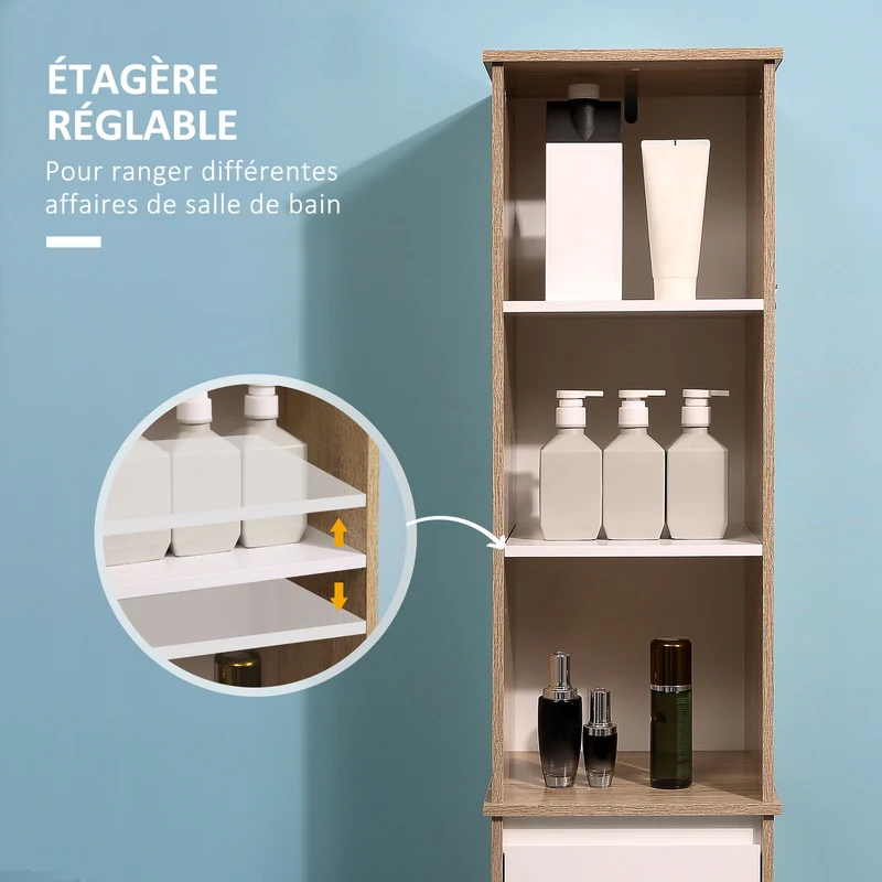 Meuble colonne salle de bain 32.6 x 30 x 171.2 cm rangement 3 niches tiroir placard style cosy scandinave en MDF blanc 21_0001892
