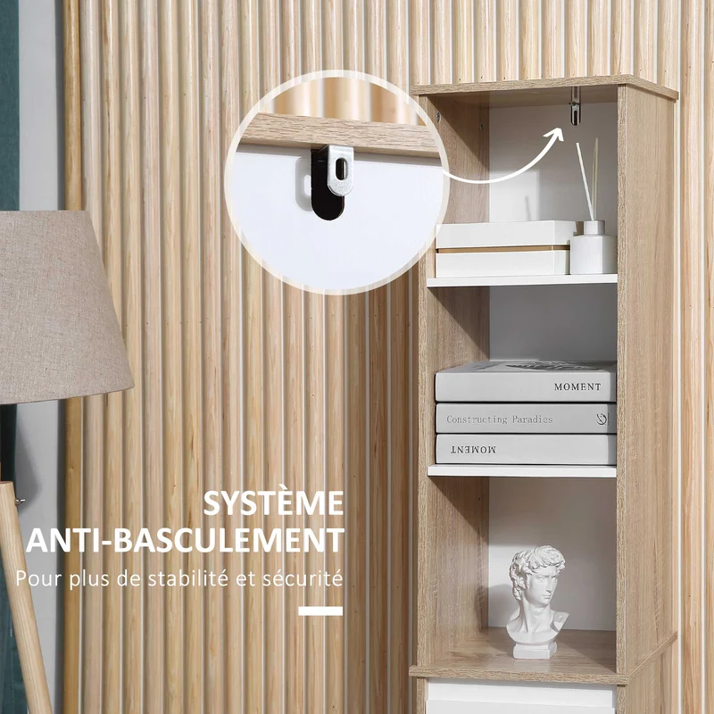 Meuble colonne salle de bain 32.6 x 30 x 171.2 cm rangement 3 niches tiroir placard style cosy scandinave en MDF blanc 21_0001892