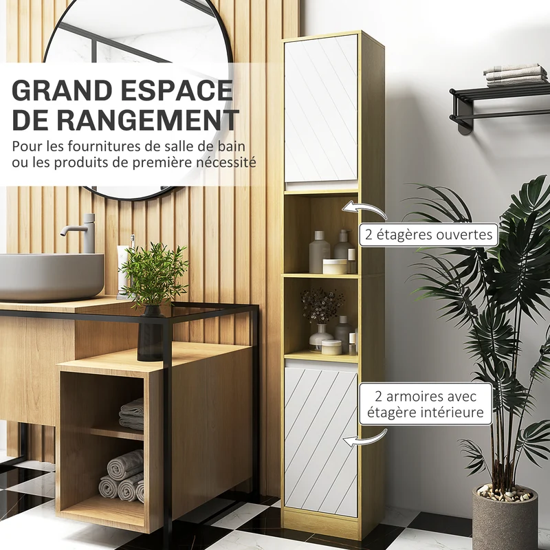 Meuble colonne rangement salle de bain 30 x 24 x 170 cm rangement réglable gain de place moderne scandinave en MDF blanc 21_0001863