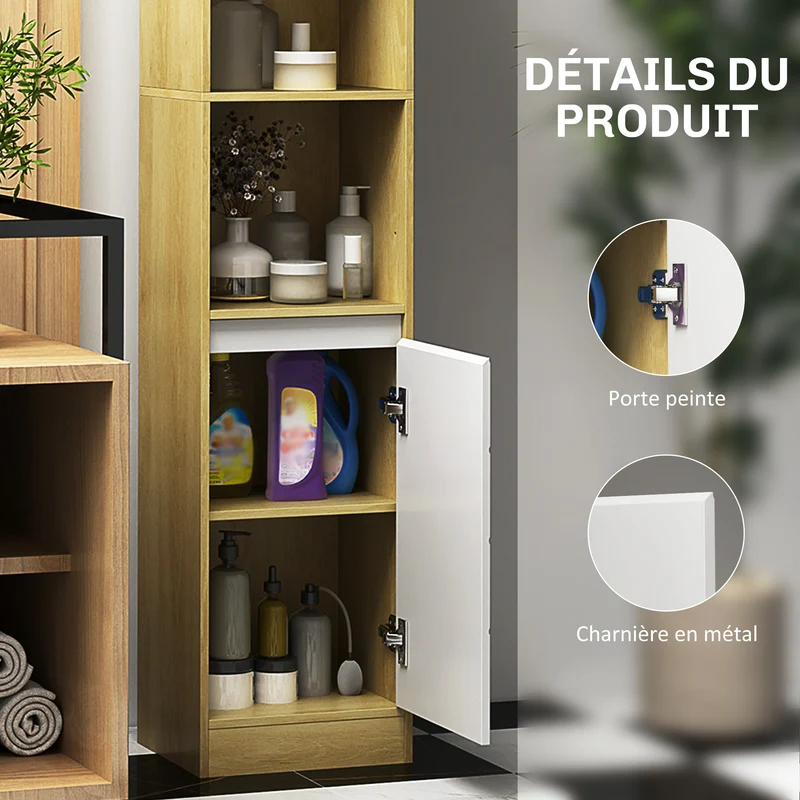 Meuble colonne rangement salle de bain 30 x 24 x 170 cm rangement réglable gain de place moderne scandinave en MDF blanc 21_0001863