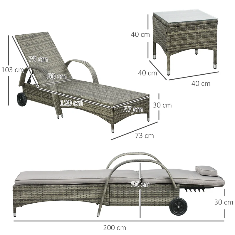 Lot de 2 transats bains de soleil 200 x 73 x 103 cm dossier inclinable matelas inclus avec roues moderne en résine gris 21_0006002