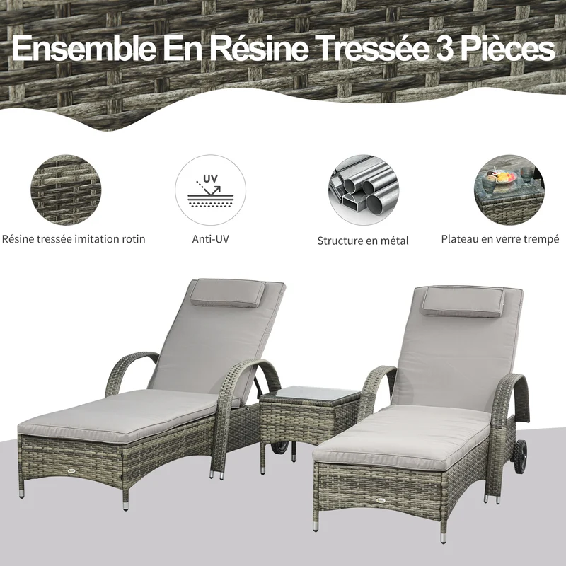 Lot de 2 transats bains de soleil 200 x 73 x 103 cm dossier inclinable matelas inclus avec roues moderne en résine gris 21_0006002