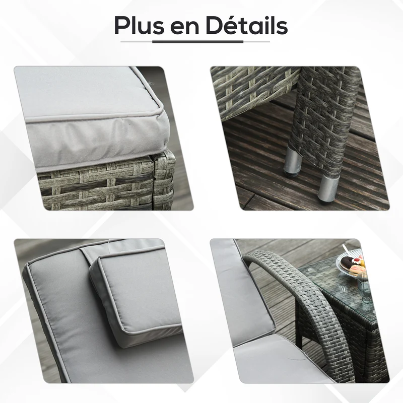 Lot de 2 transats bains de soleil 200 x 73 x 103 cm dossier inclinable matelas inclus avec roues moderne en résine gris 21_0006002