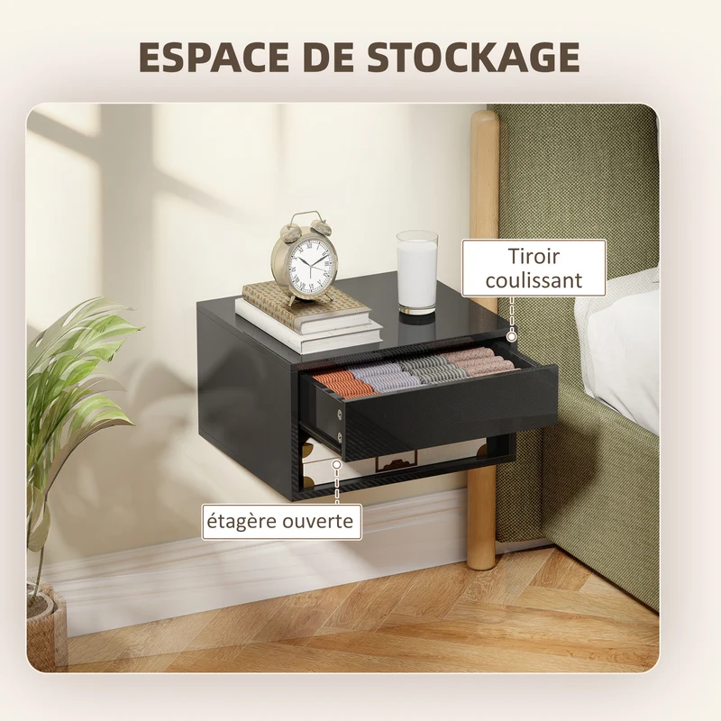 Lot de 2 tables de chevet murales 37 x 32 x 21 cm gain de place tiroir pour chambre épurée en panneau de particules noir 21_0001555