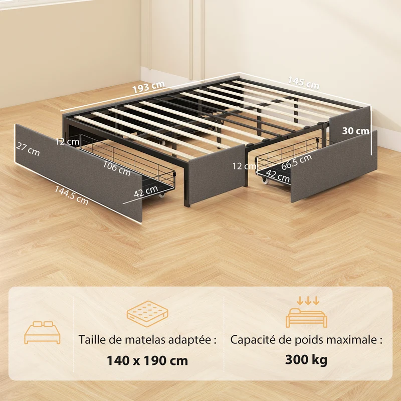 Lit coffre double rembourré 140 x 190 cm rangement 3 tiroirs sommier silencieux sans bruit design épuré en polyester gris 21_0003787