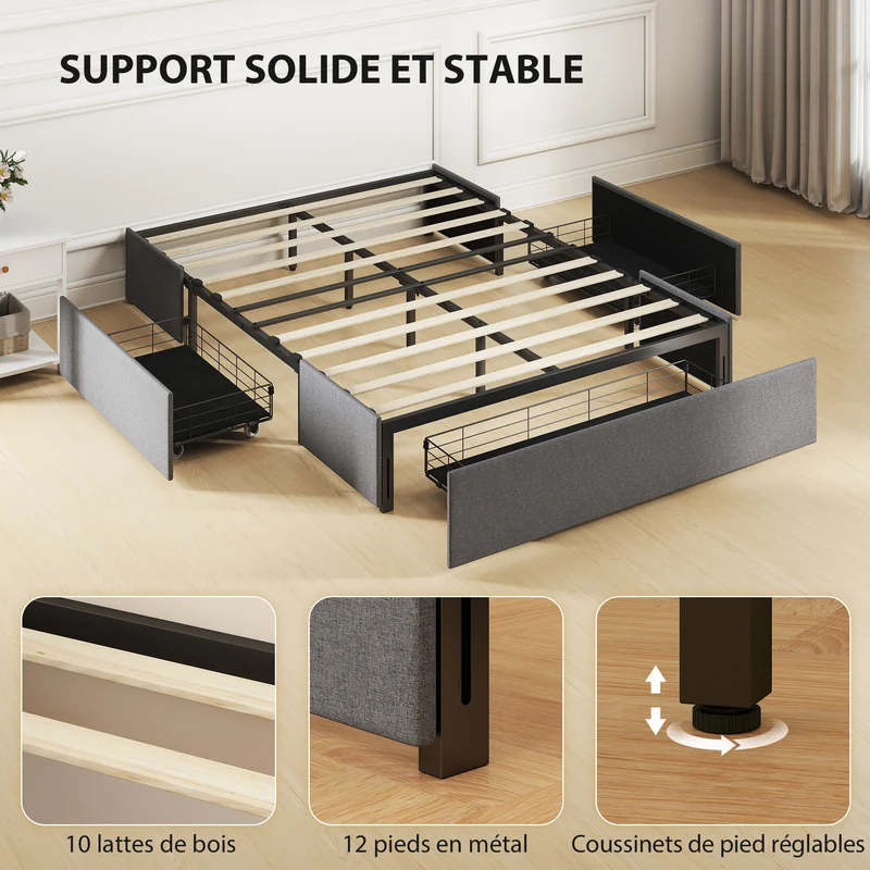 Lit coffre double rembourré 140 x 190 cm rangement 3 tiroirs sommier silencieux sans bruit design épuré en polyester gris 21_0003787