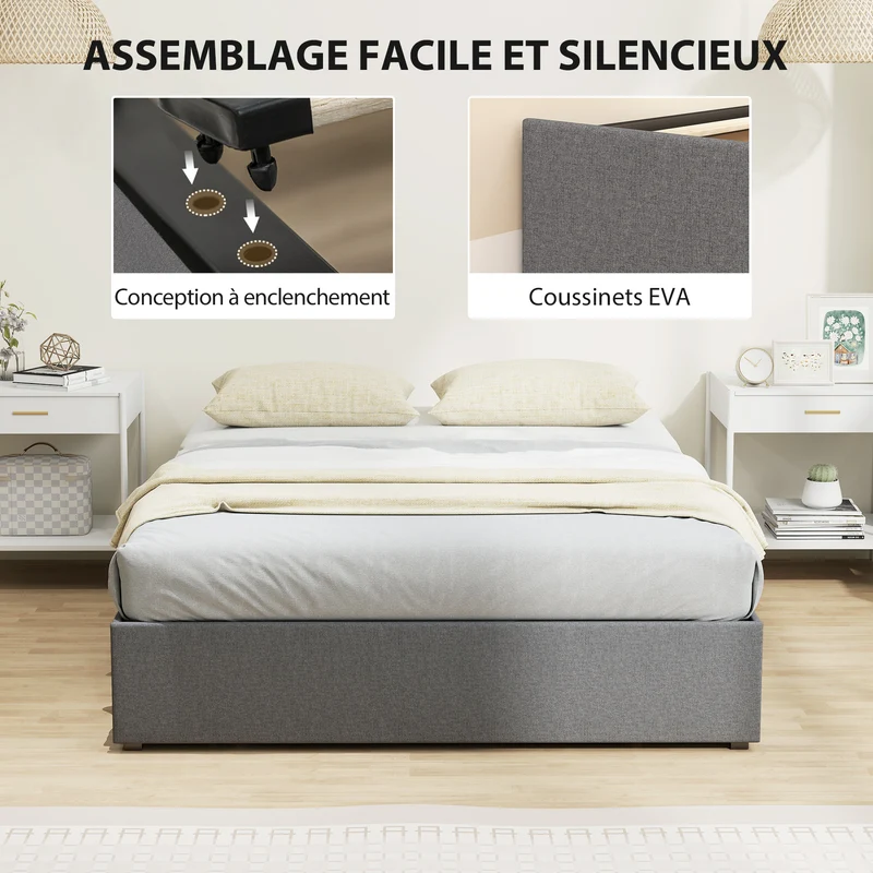 Lit coffre double rembourré 140 x 190 cm rangement 3 tiroirs sommier silencieux sans bruit design épuré en polyester gris 21_0003787