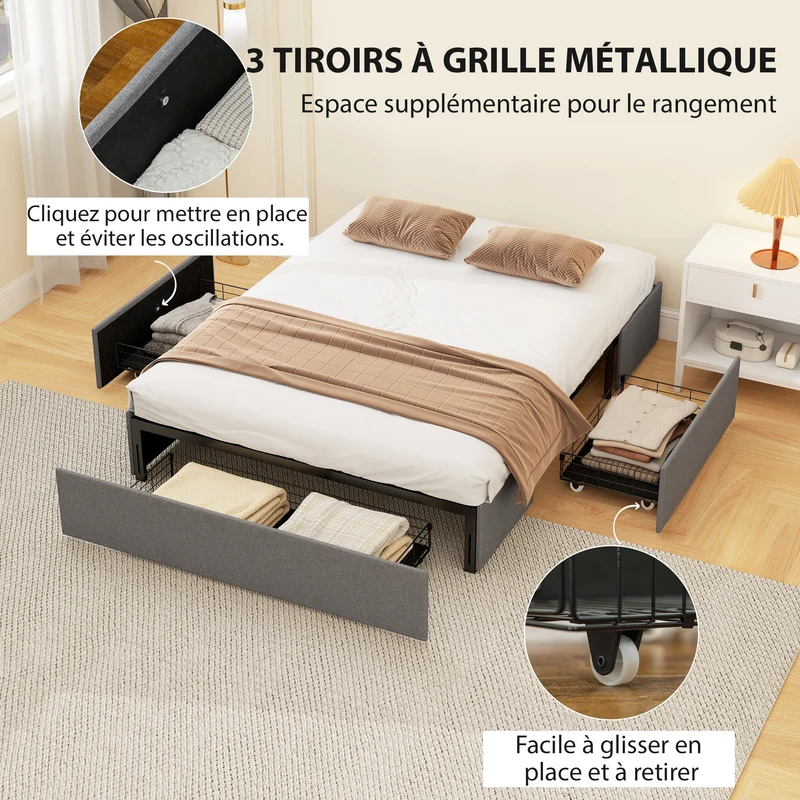 Lit coffre double rembourré 140 x 190 cm rangement 3 tiroirs sommier silencieux sans bruit design épuré en polyester gris 21_0003787